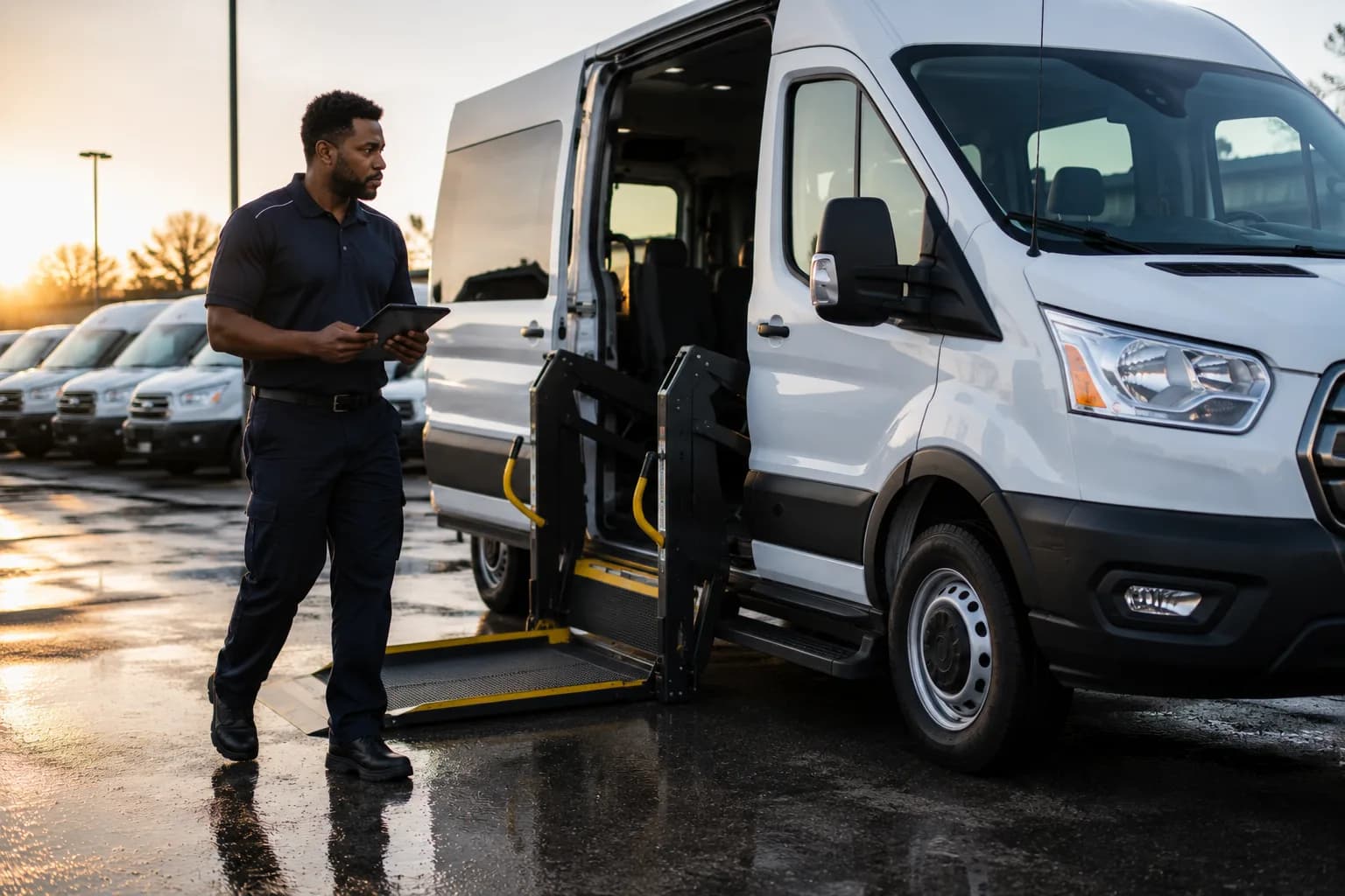 A driver's hands tightening a four-point wheelchair tiedown strap inside an accessible van.