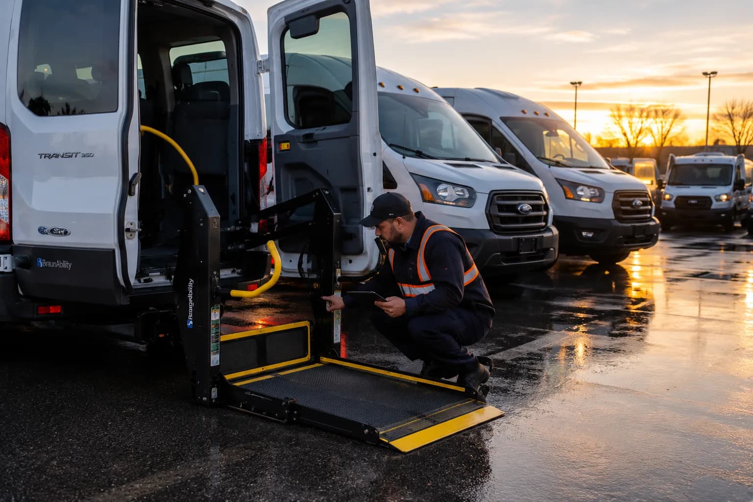 A driver assisting a wheelchair passenger onto the lift platform of an accessible van at a healthcare facility entrance.