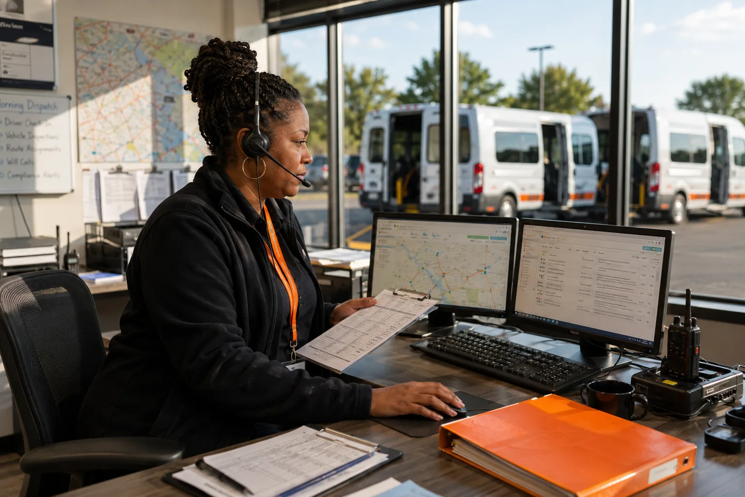 A fleet operations coordinator reviewing driver-compliance data on a tablet, with wheelchair-accessible vans visible outside.